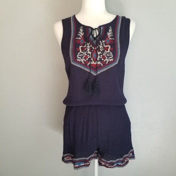 💘Azara Paris Navy Embroidered Sleeveless Romper Size Small - Picture 1 of 10